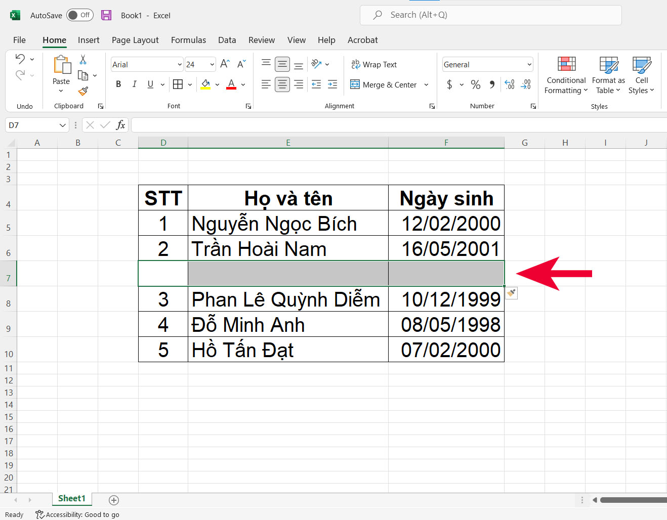 Cách thêm một hàng trong Excel - bước 3