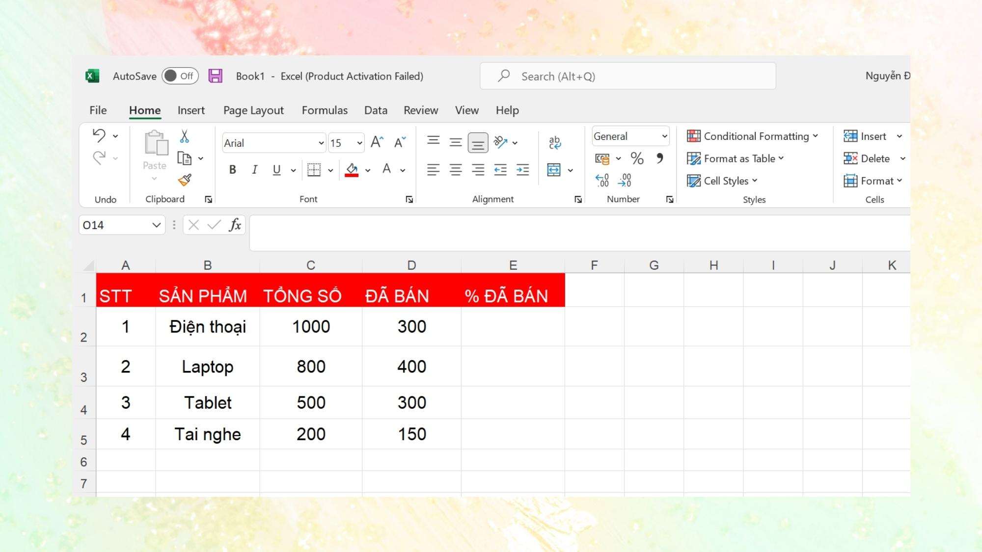 Hướng dẫn công thức tính phần trăm trong Excel - Bước 1