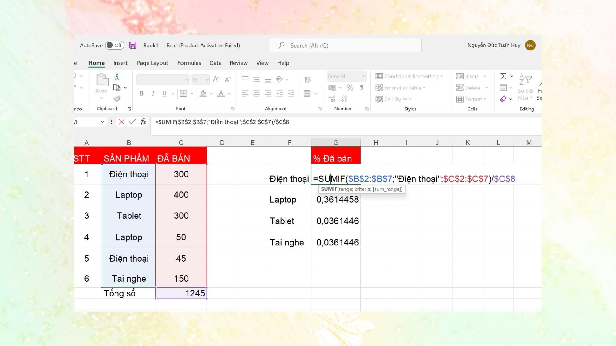 Cách tính tỷ lệ phần trăm trong Excel dựa trên nhiều hàng - Bước 1