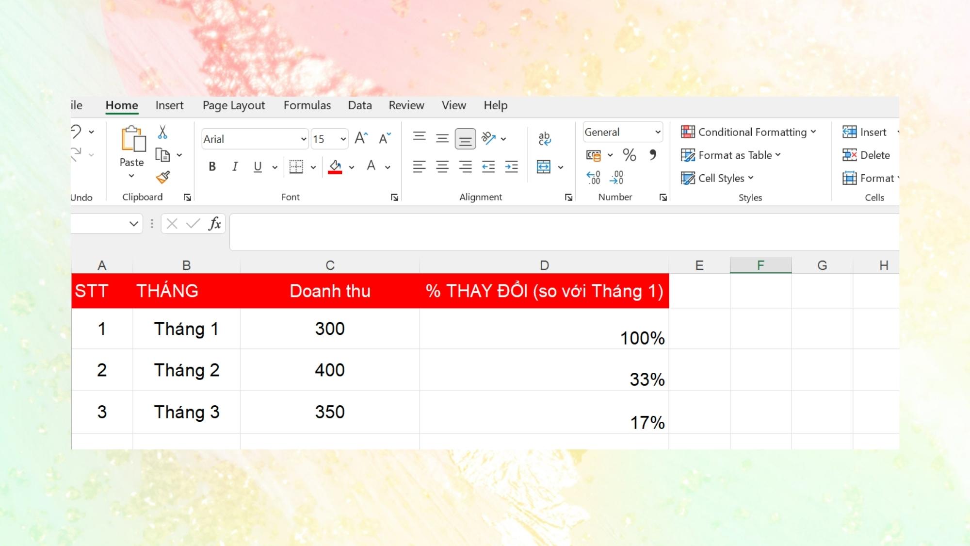 Cách tính tỷ lệ phần trăm trong Excel khi có sự thay đổi, chênh lệch - Bước 2