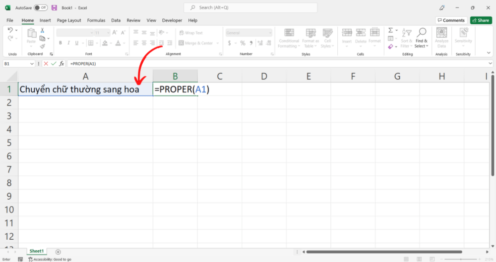 Cách chuyển chữ thường thành chữ hoa trên Excel - Bước 2 