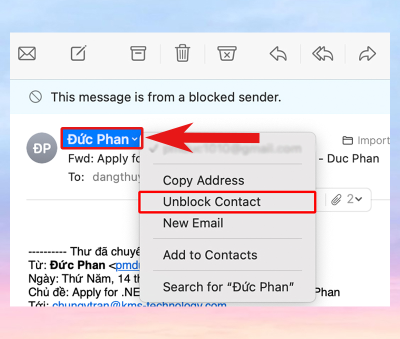 Nhấn vào biểu tượng Unblock Contact để bỏ chặn