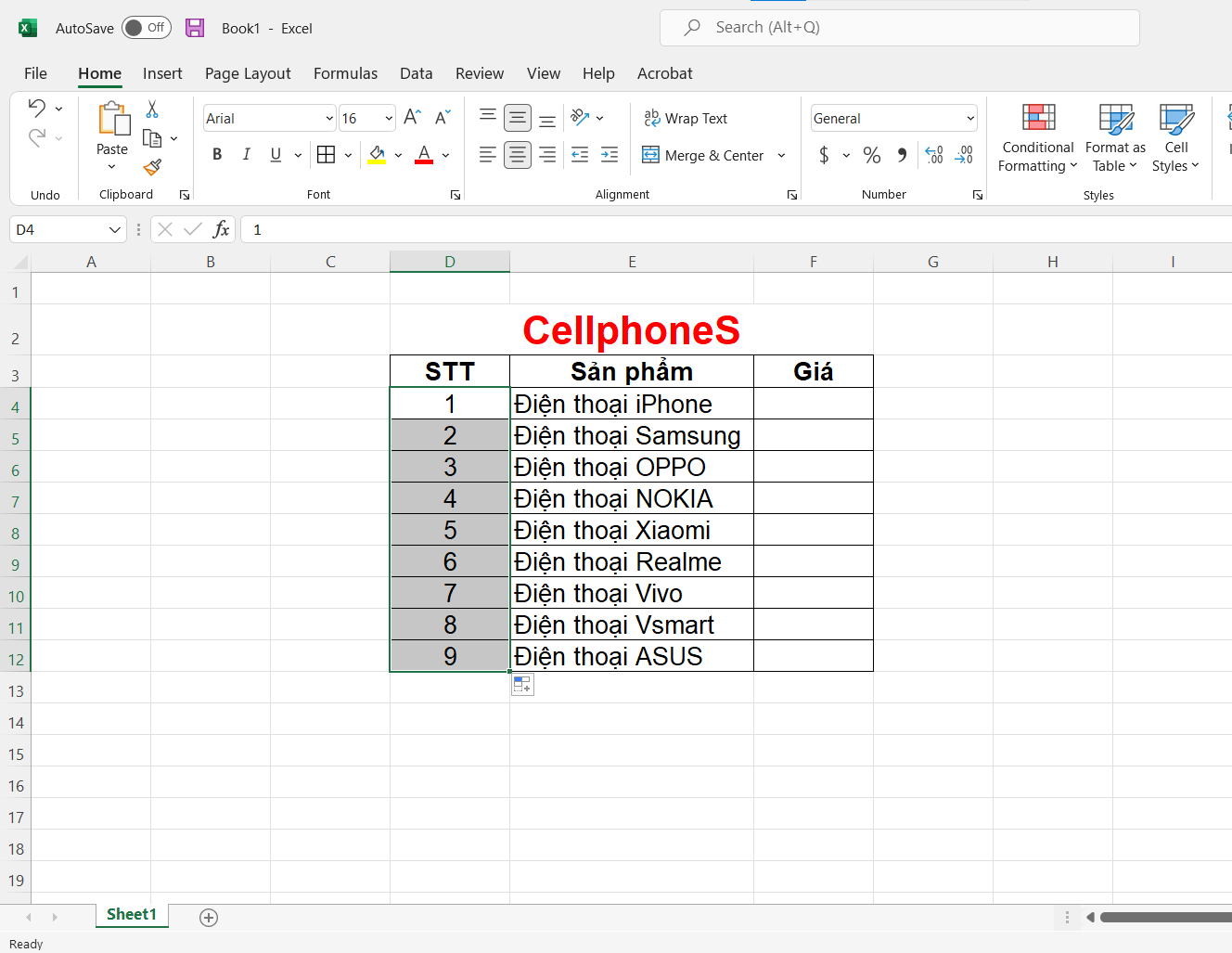 Đánh số thứ tự trong Excel bằng chuột - bước 2