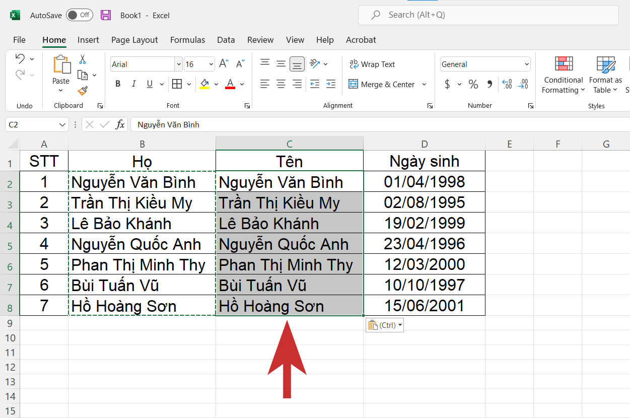 Sắp xếp tên theo ABC khi cột Họ và Tên thành một cột - bước 2