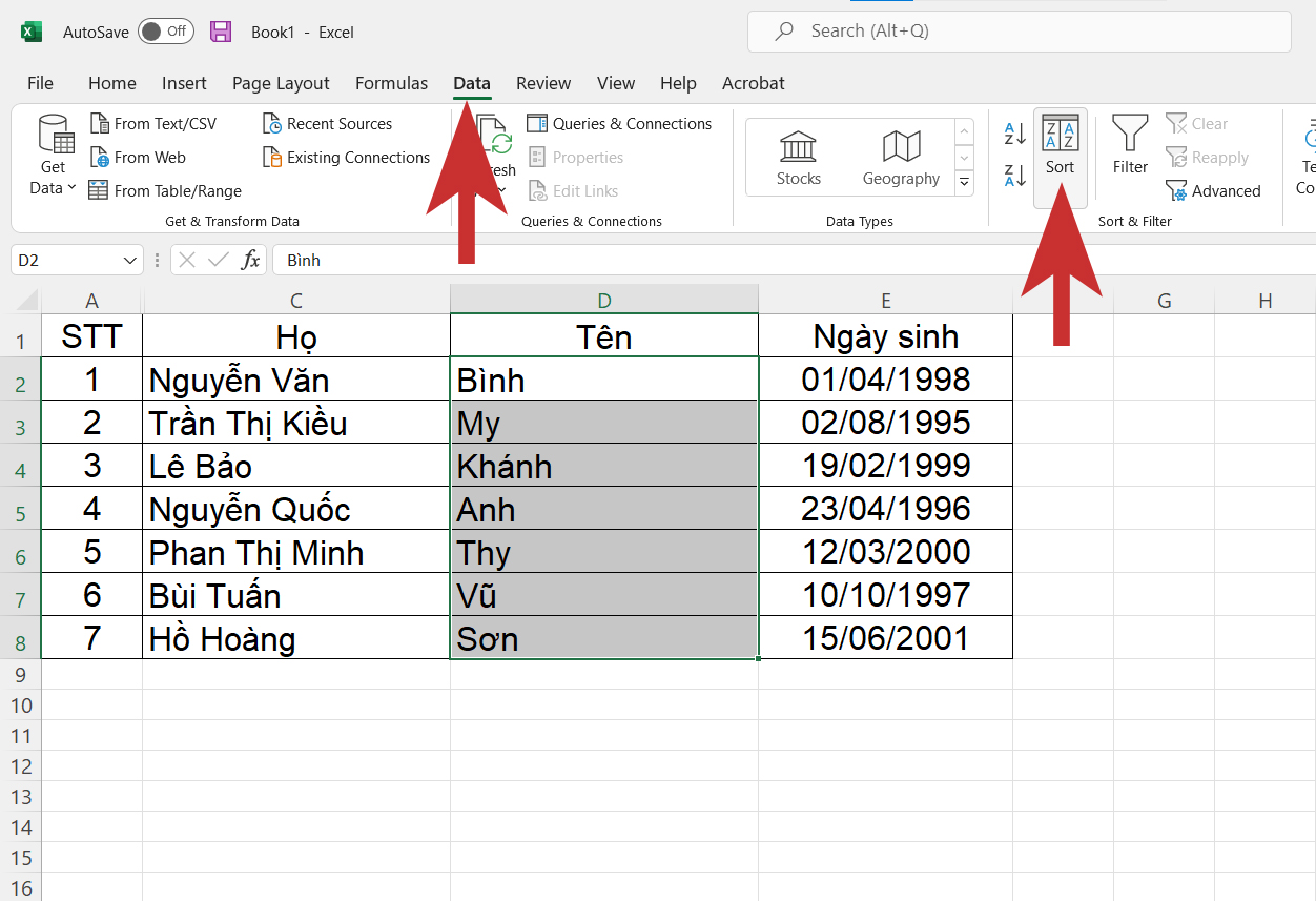 Sắp xếp tên theo ABC khi cột Họ và Tên thành một cột - bước 9