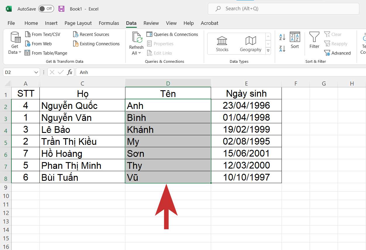 Sắp xếp tên theo ABC khi cột Họ và Tên thành một cột - bước 11