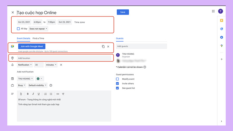 tạo Gmail mời tham gia cuộc họp