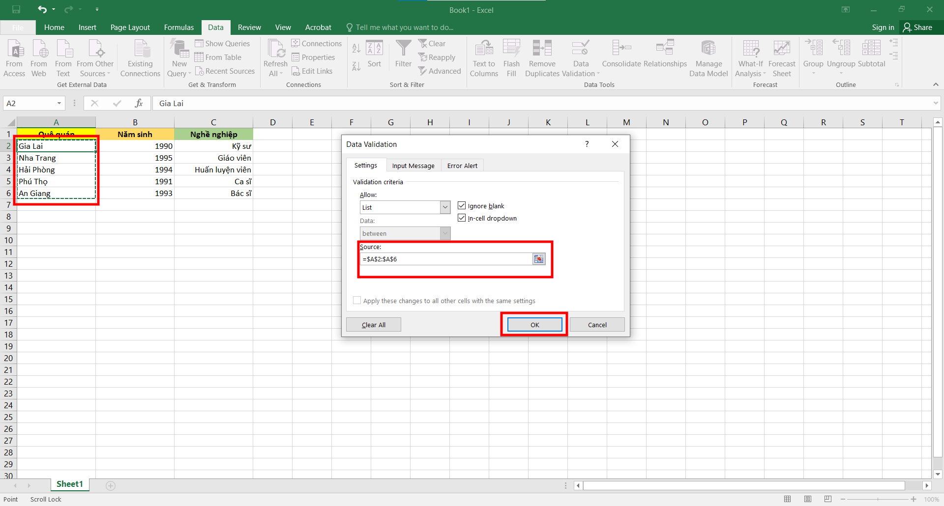 Cách tạo Drop List trong Excel bằng Data Validation - bước 3