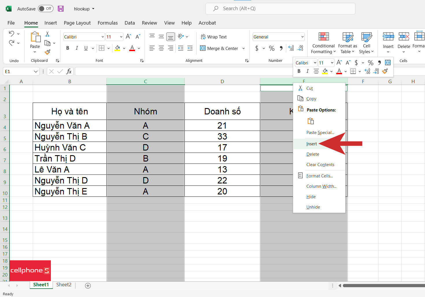 Cách chèn nhiều cột không liên tiếp trong Excel - bước 2