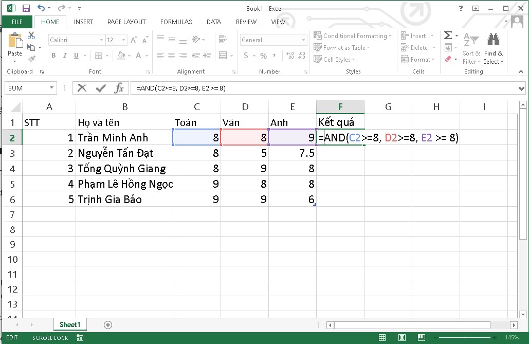 Cách sử dụng hàm AND trong Excel bước 1