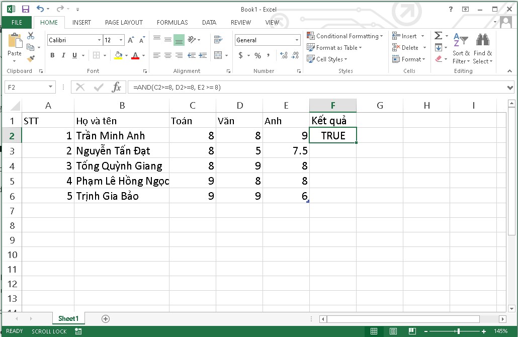 Cách sử dụng hàm AND trong Excel bước 2