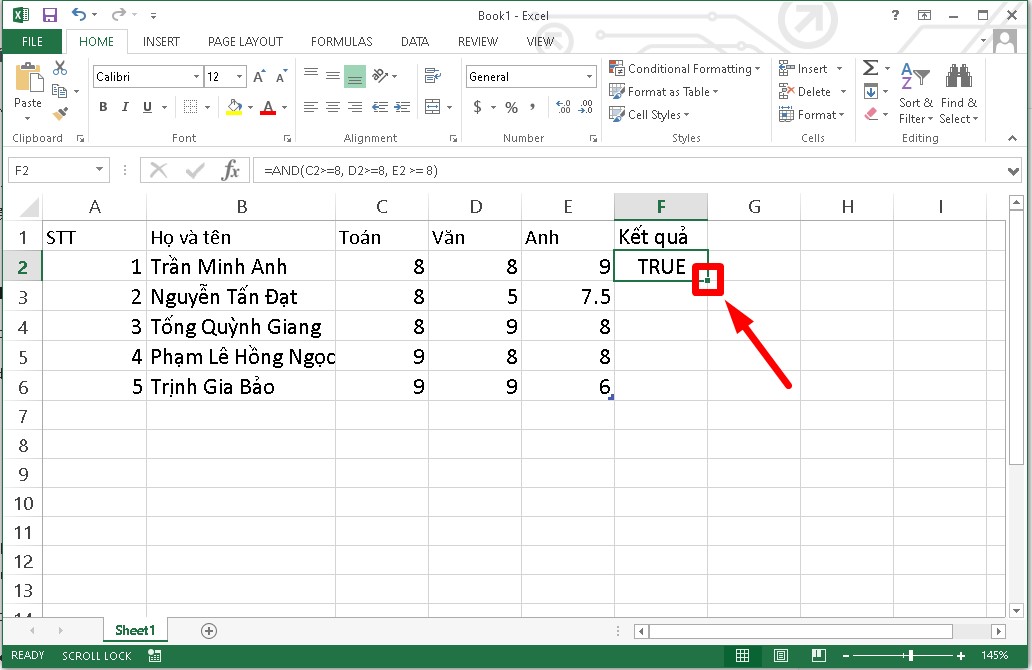 Cách sử dụng hàm AND trong Excel bước 3