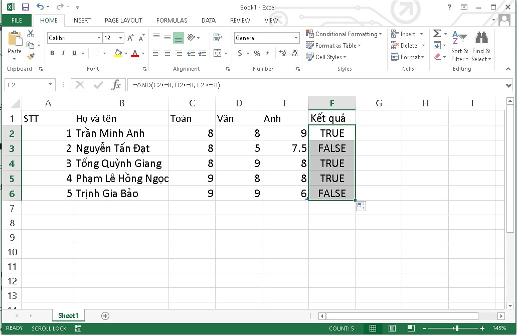 Cách sử dụng hàm AND trong Excel bước 4