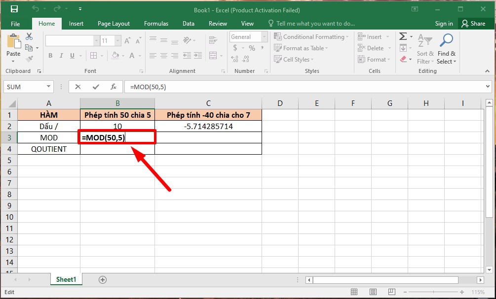 Cách sử dụng hàm chia lấy dư trong Excel (hàm MOD) bước 1