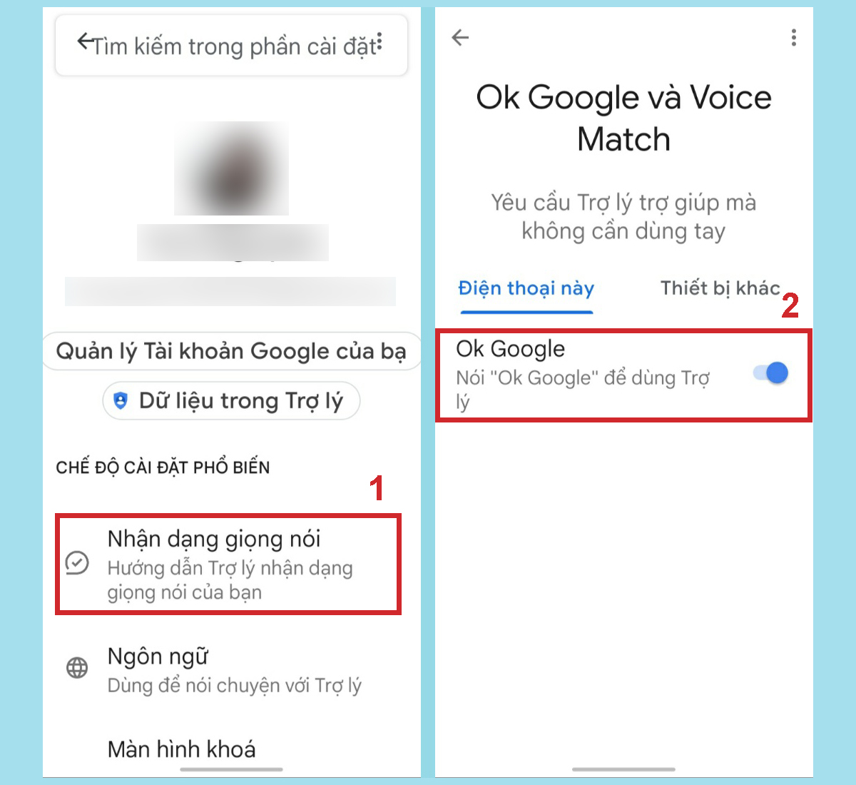 Nhấn Ok Google để bật voice match