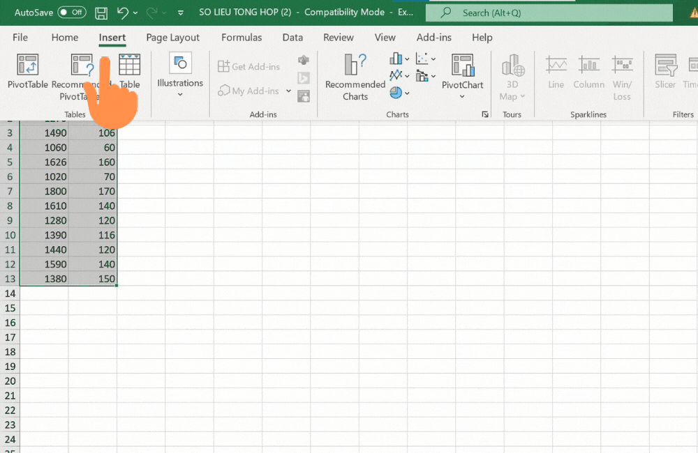 Cách vẽ biểu đồ trong Excel - bước 2