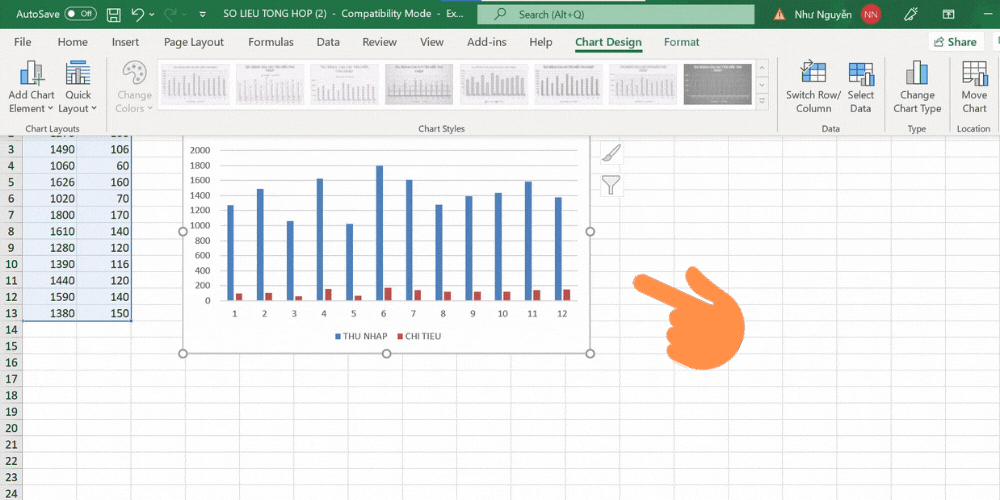 Thay đổi dạng biểu đồ trong Excel - bước 1