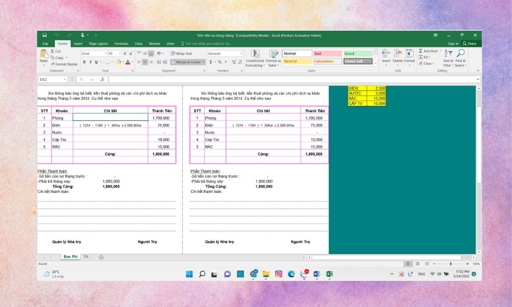 Hướng dẫn sử dụng file mẫu quản lý phòng trọ Excel bước 3