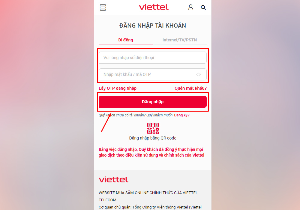 Nhập số điện thoại, mã OTP để kiểm tra data Viettel