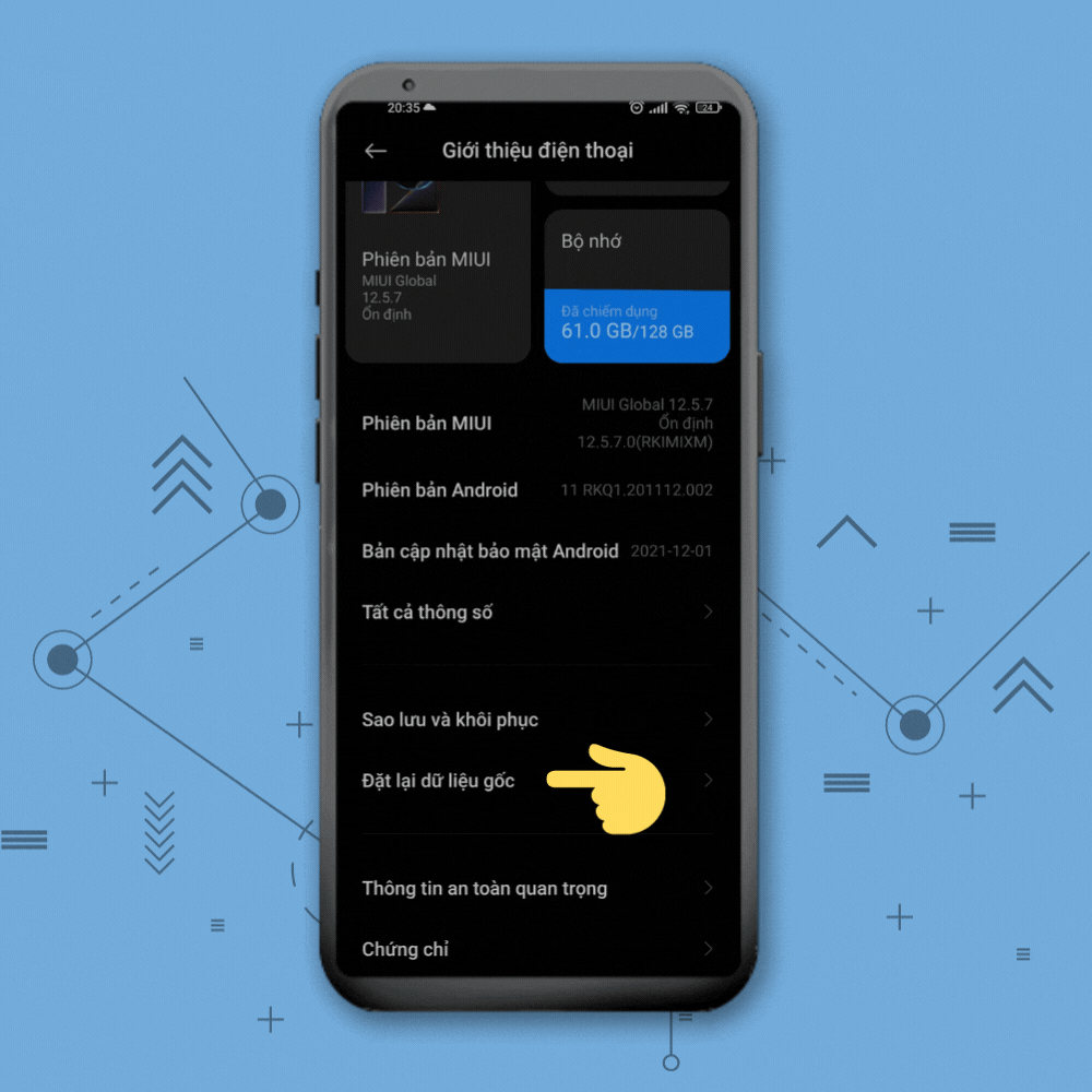 Khôi phục lại cài đặt gốc trên điện thoại - bước 2