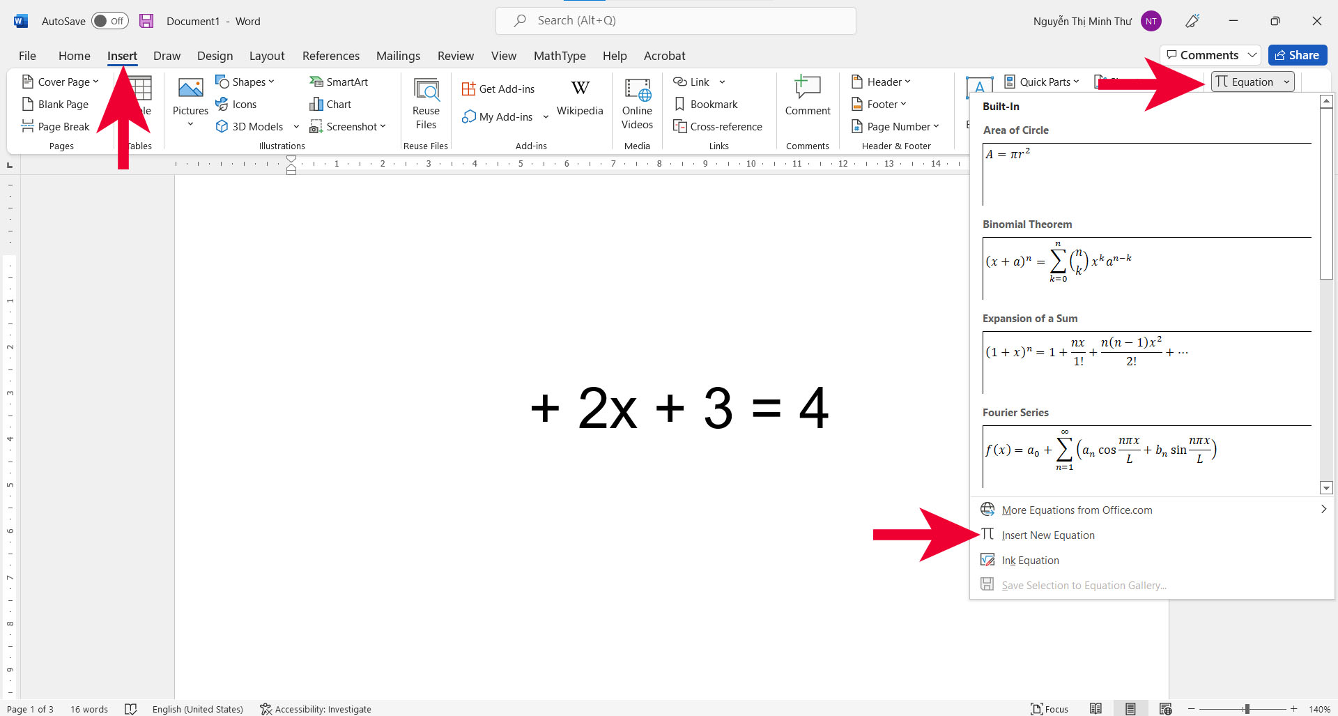 Hướng dẫn đánh số mũ trong Word bằng Equation - bước 1