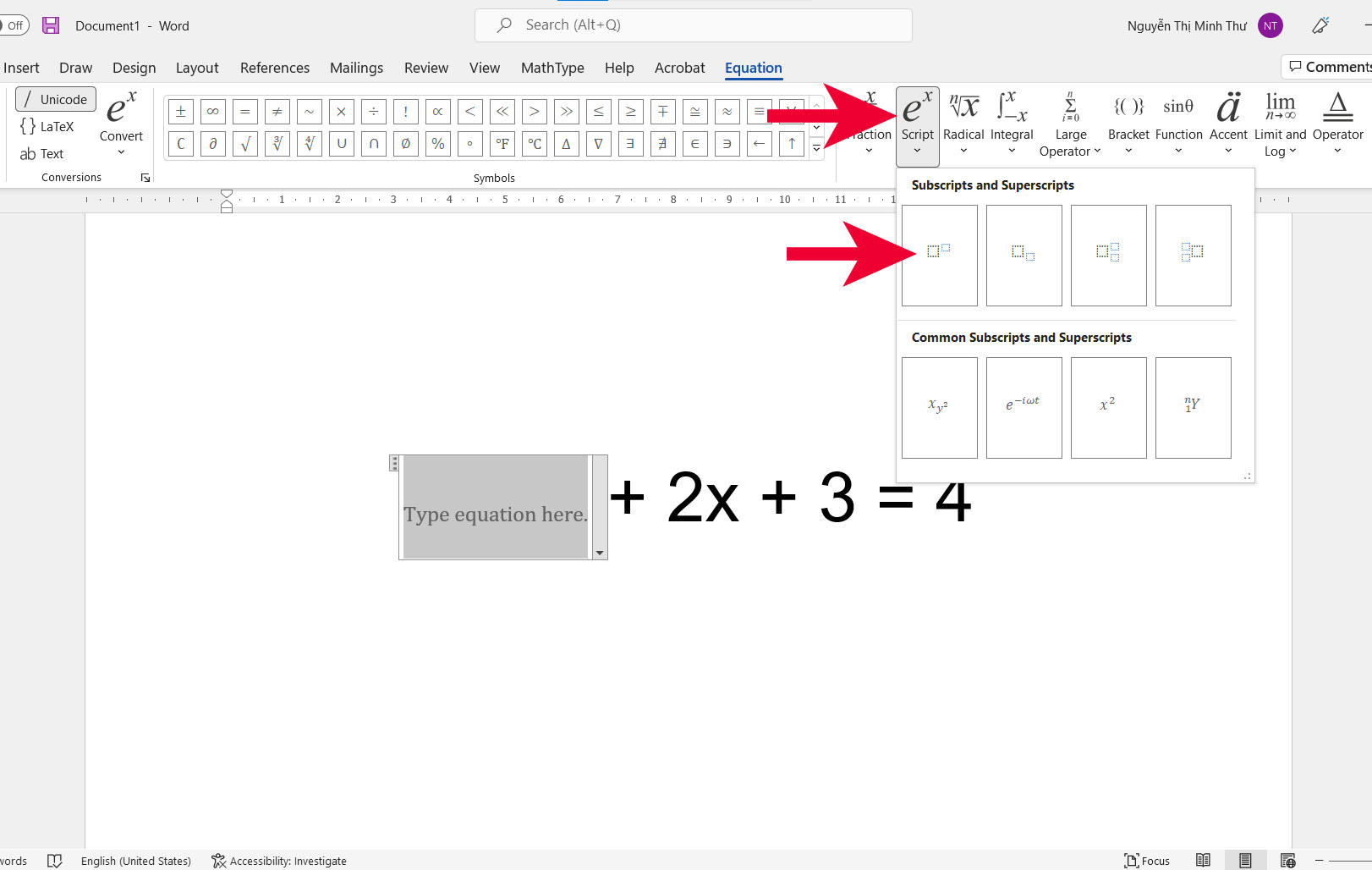 Hướng dẫn đánh số mũ trong Word bằng Equation - bước 2