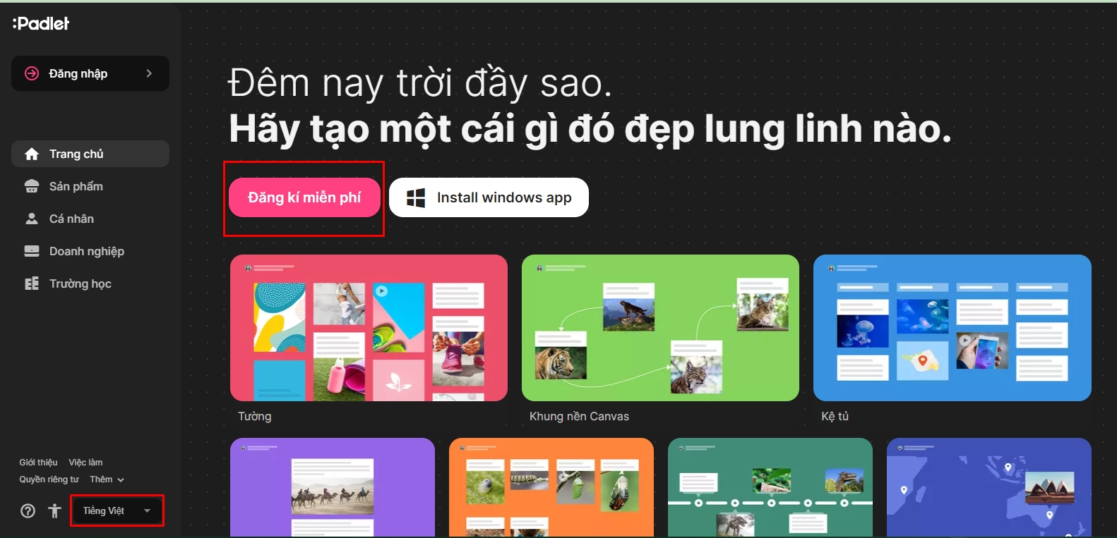 đăng ký tài khoản padlet