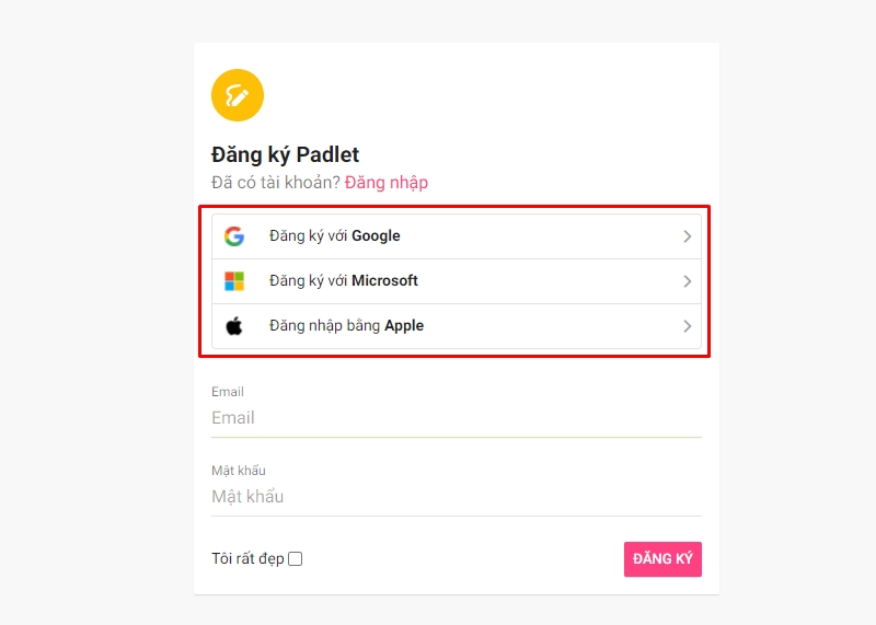 đăng ký tài khoản padlet