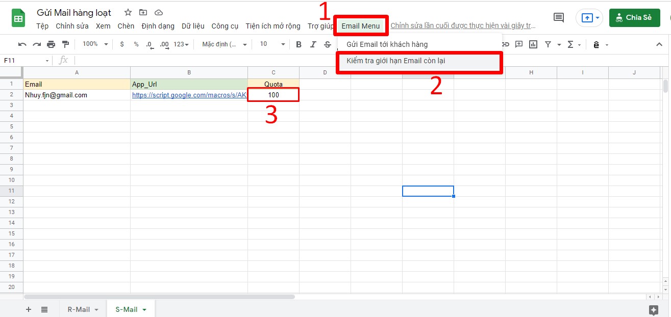 Hướng dẫn cách tạo hệ thống gửi Email hàng loạt trên Google Sheet bước 9