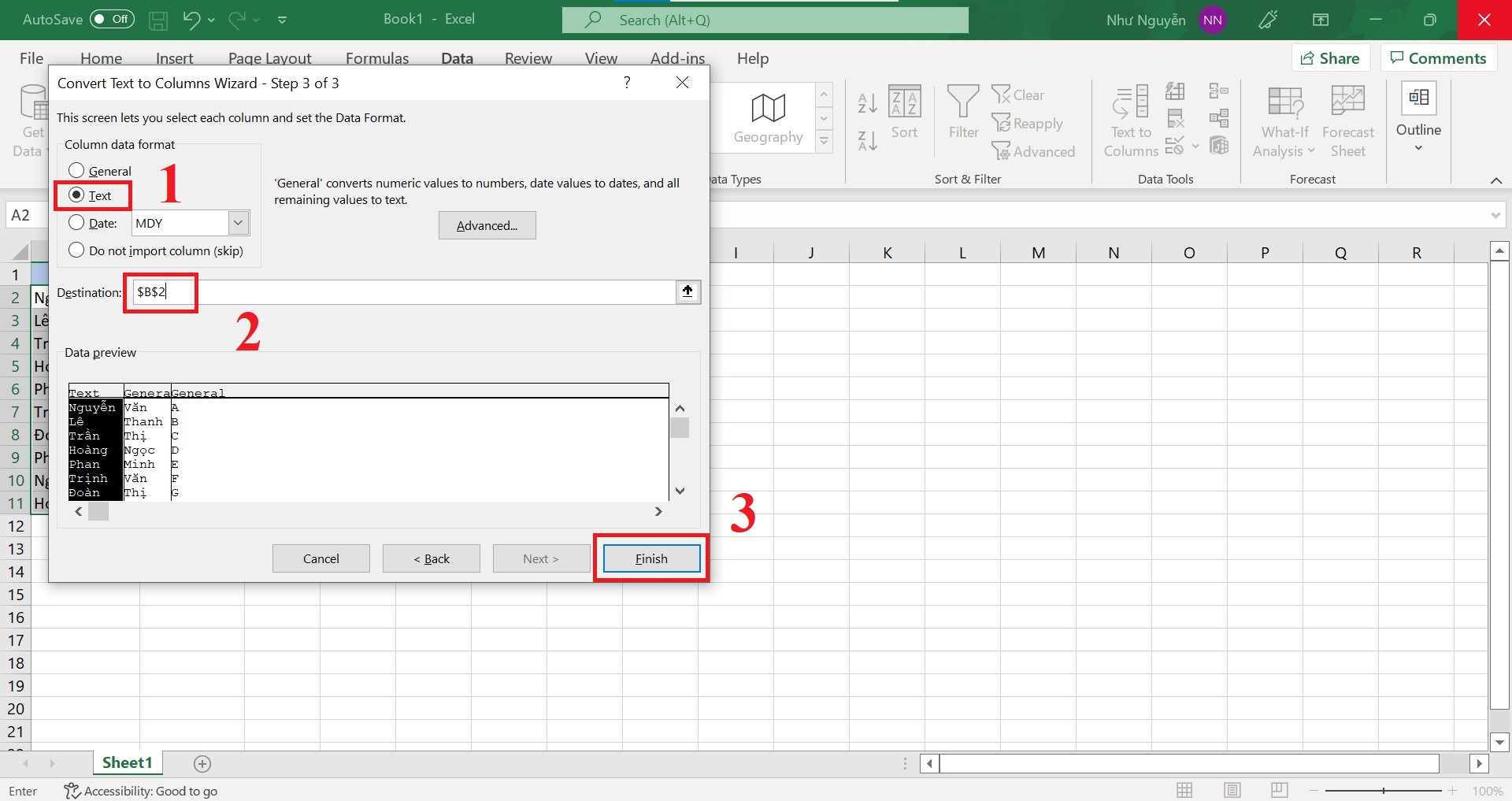 Cách tách tên trong Excel bằng công cụ Text to Columns - bước 3