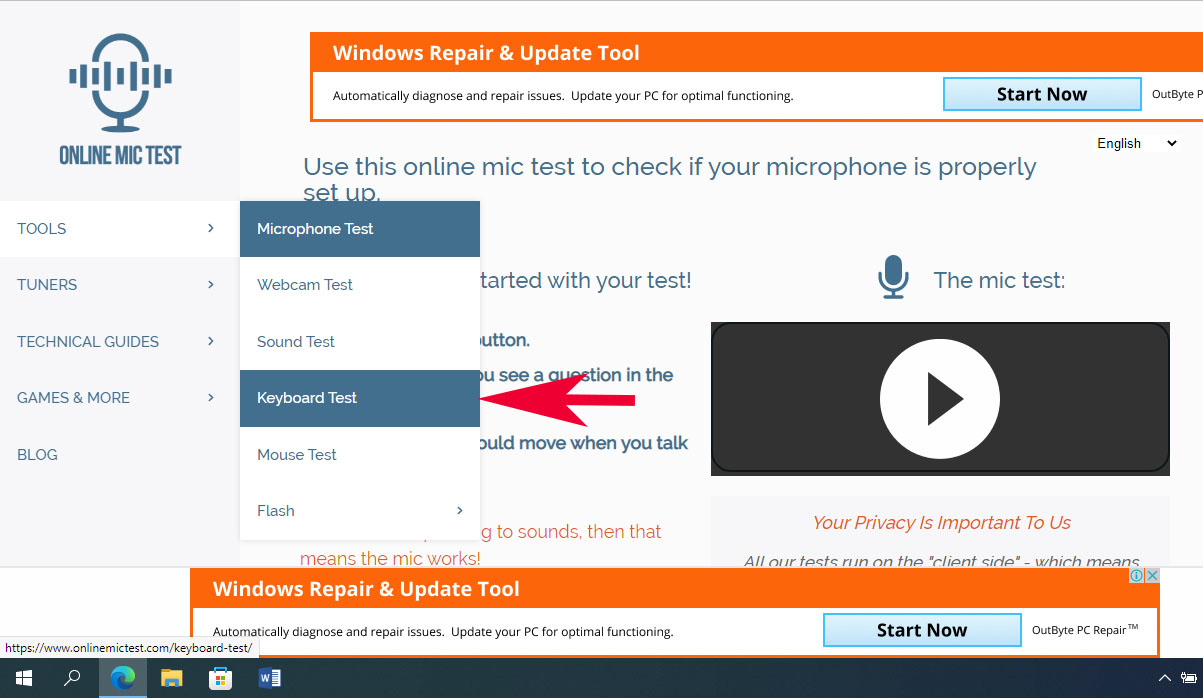 Check bàn phím laptop bằng Online Mic Test - bước 1