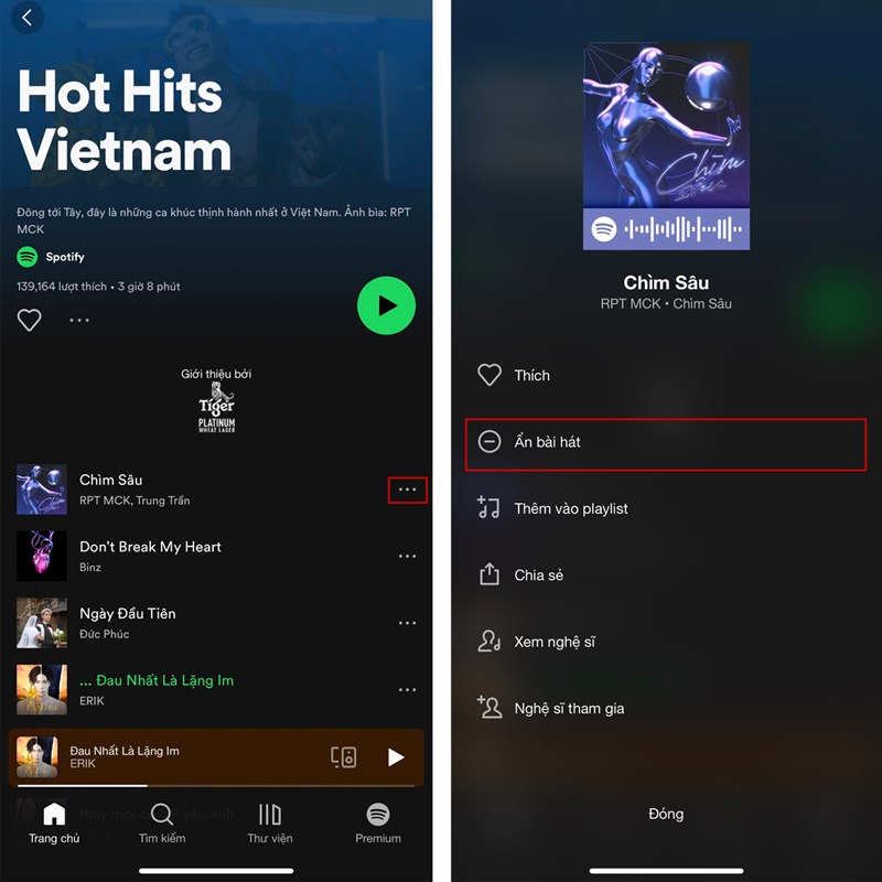 cách ẩn và hiện bài hát trong Spotify