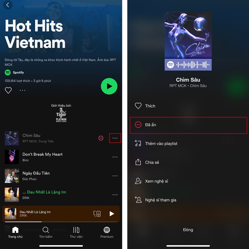 cách ẩn và hiện bài hát trong Spotify