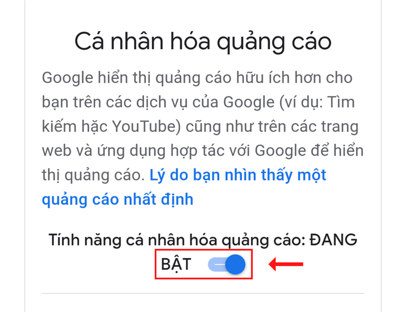 Bật Cá nhân hóa quảng cáo