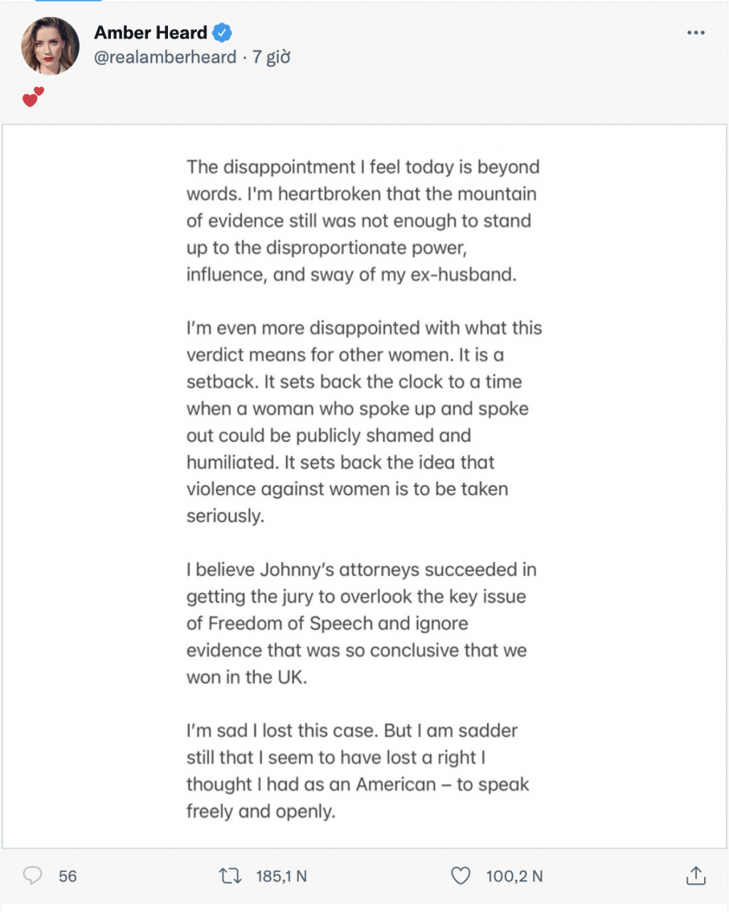 Amber Heard gọi phán quyết của tòa án là 'Bước lùi dành cho phụ nữ'