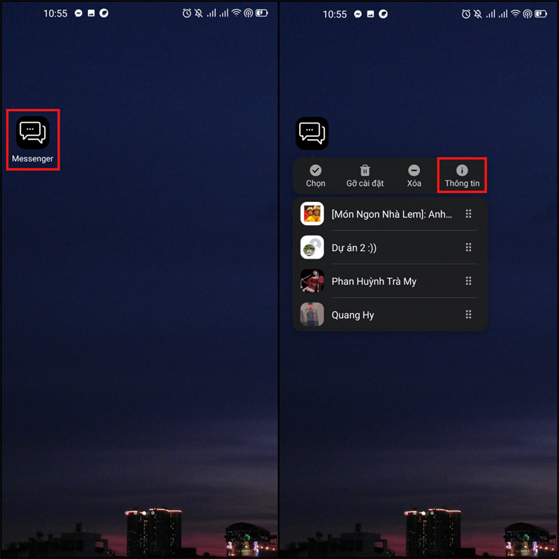 Nhấn giữ vào biểu tượng ứng dụng Messenger > Thông tin.