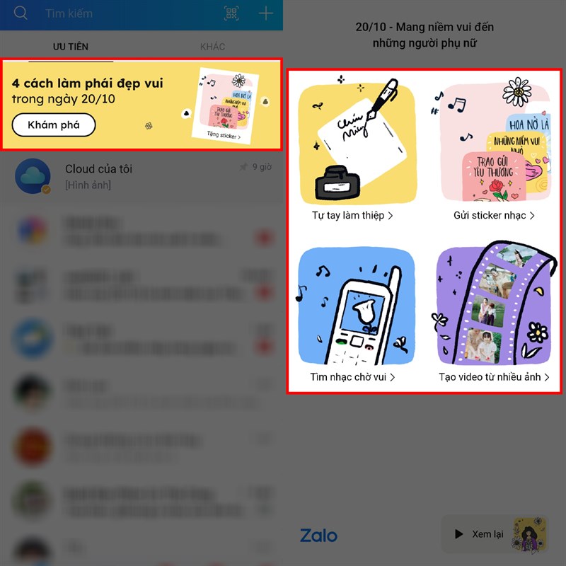 Cách gửi lời chúc, thiệp 20/10 trên Zalo