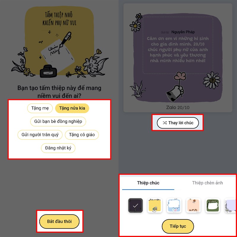 Cách gửi lời chúc, thiệp 20/10 trên Zalo
