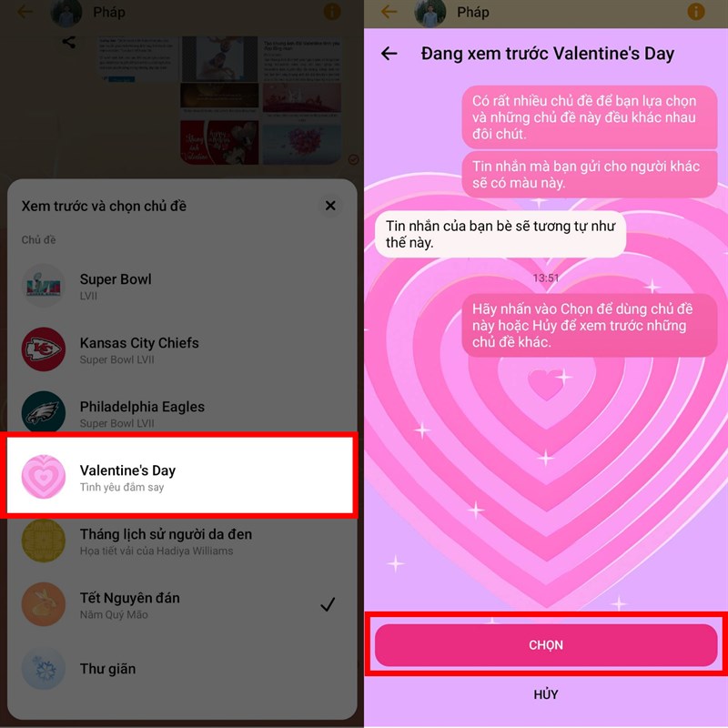 Cách đổi chủ đề Valentine trên Messenger