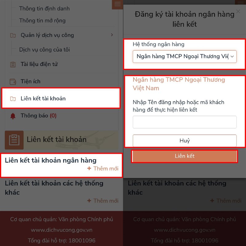 Cách liên kết tài khoản ngân hàng với Cổng Dịch vụ công Quốc Gia