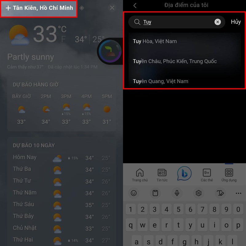 Cách xem thời tiết nhiều nơi cùng lúc trên Bing AI Android