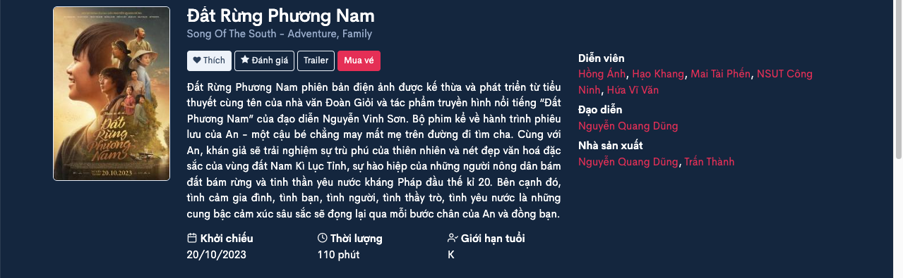 Đặt vé Đất Rừng Phương Nam tại Moveek với nhiều cụm rạp Cinestar, Starlight, Beta, Mega GS, Dcine, Rio, Touch Cinema, Cinemax, Đống Đa